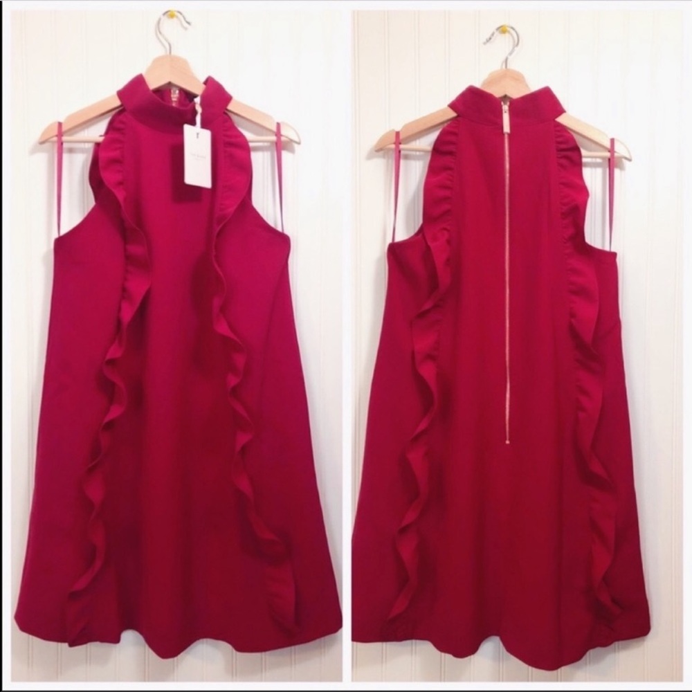Ted Baker London Torriya Ruffled Sleeveless Halter Tunic Dress In Deep Pink NWT - Picture 6 of 12